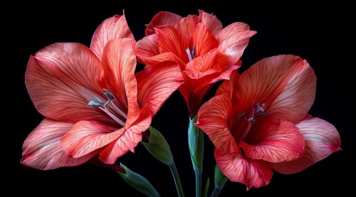 Close-up of red Butterfly sword lily, Gladiolus papilio blooms with a dramatic black background, AI