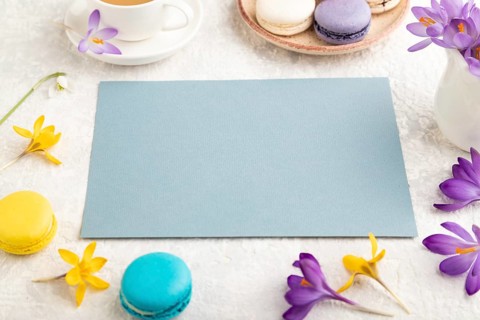 Blue paper sheet mockup with spring snowdrop crocus flowers and multicolored macaroons on gray