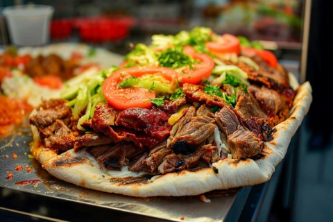 An appetising doner kebab with fresh salad, tomatoes and juicy meat on flatbread, KI generated, AI