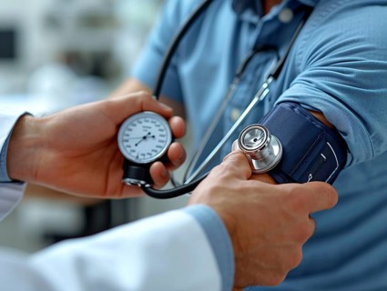 A man checks his blood pressure with a measuring device. Avoidance of bulk hypertension, scarcity,