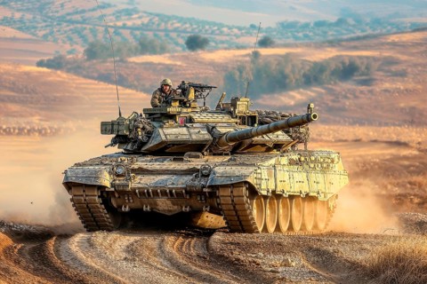 A military tank drives through dusty desert terrain, a soldier operates a machine gun, AI
