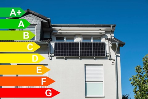 Solar panel on a balcony, graphic with energy efficiency classes for buildings according to the