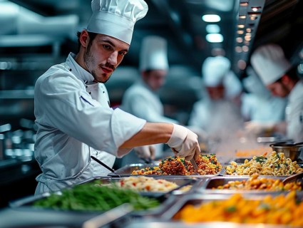 Chefs in a commercial kitchen at work, AI generated