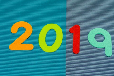 The numbers 2019 made of felt of different colors photographed on blue and maroon corrugated