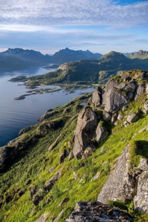 Fjord Raftsund and mountains, view from the top of Dronningsvarden or Stortinden, Vesteralen,