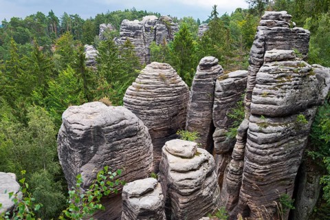Layered sandstone rocks surrounded by forest, a view of the treetops, Prachovske skaly, Prachov