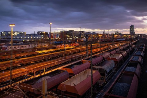 Numerous wagons are parked at the Frankfurt East freight station, near the European Central Bank