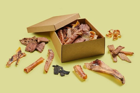 Craft cardboard box with dehydrated treats for dogs
