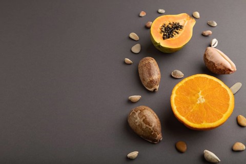 Ripe cut papaya, orange, seashells on gray pastel background. Side view, copy space. Tropical,