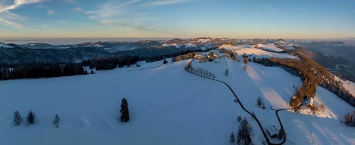 View over the Brunnersberg into the Jura, drone shot in winter, Brunnersberg, Solothurn,