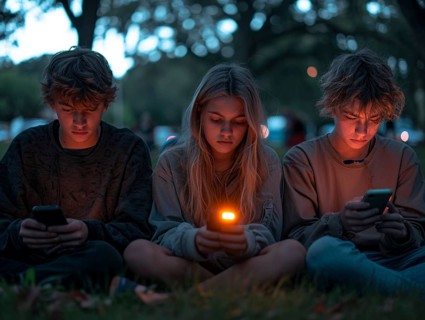 Several young people look bored at their cell phones, neglect social contacts, sport, reading, AI