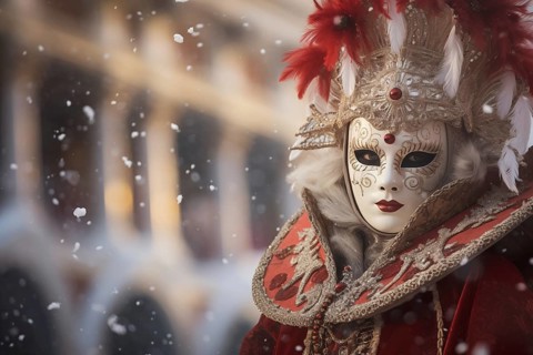 A person adorned in a richly detailed and colorful carnival costume, complete with an elaborate