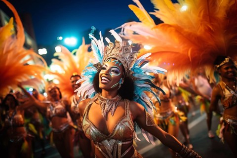 Captivating image capturing the essence of the Rio Carnival, showcasing a dancer adorned in an