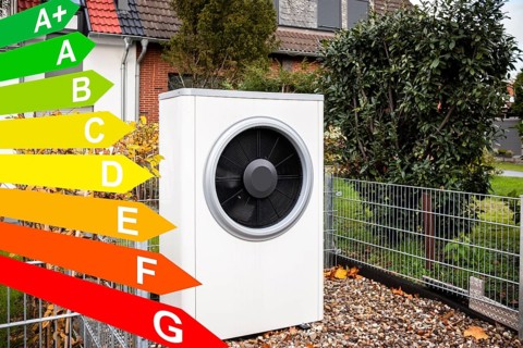 Air heat pump in front of an apartment block, graphic with energy efficiency classes for buildings