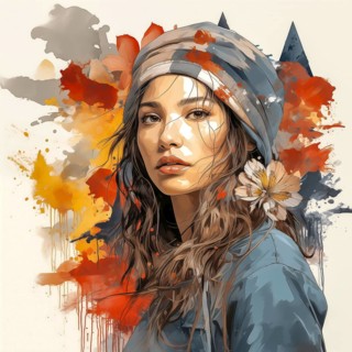 Portrait of an indigenous young woman with abstract colourful elements in the background, AI