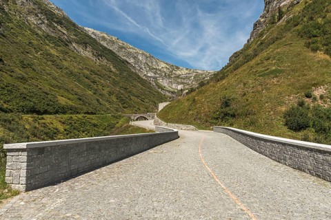 Gotthard Pass, old pass road Tremola with cobblestones, Airolo, Canton Ticino, Switzerland, Europe