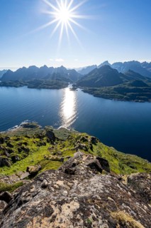View of Ulvagsundet fjord and mountains, view from the summit of Dronningsvarden or Stortinden,