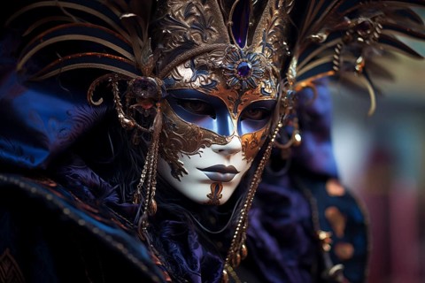 A person adorned in a richly detailed and colorful carnival costume, complete with an elaborate