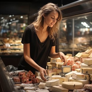 Young woman shopping in supermarket, at the cheese counter, meat counter, fruit stand, bakery, fish