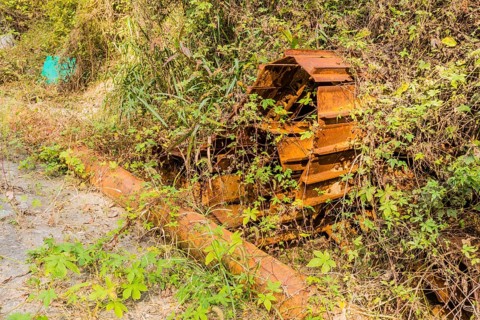 Broken and rusted tracks from old bulldozer covered with vines and weeds on hillside in wilderness