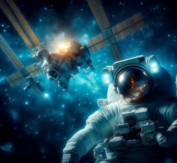 Science fiction, Space travel, An astronaut in a spacesuit floats in zero gravity in space, Space,