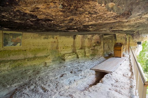 Interior view of a cave with frescoes and wooden structures, church, Aladja Monastery, Aladja