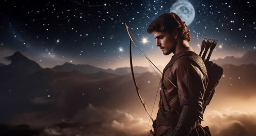 Young man Sagittarius according to the zodiac sign with a bow in his hands with dark hair and green