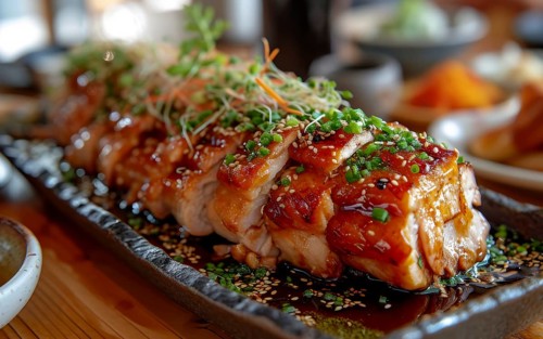 Glazed pork belly topped with sesame seeds and greens, served on a metal plate, AI generated
