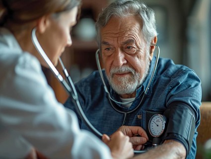 A man checks his blood pressure with a measuring device. Avoidance of bulk hypertension, scarcity,