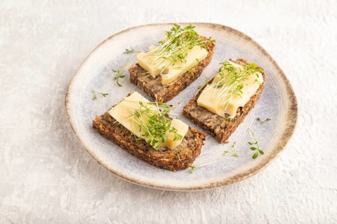 Grain bread sandwiches with cheese and watercress microgreen on gray concrete background. side