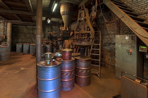 Bronze powder production room with filling plant in a metal powder mill, founded around 1900,
