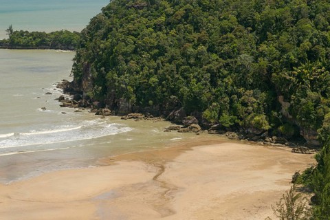 Bako national park, sea sandy beach, sunny day, blue sky and sea. Vacation, travel, tropics