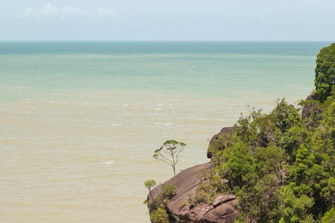 Bako national park, sea sandy beach, sunny day, blue sky and sea. Vacation, travel, tropics