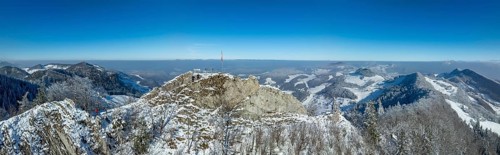 View over the first Jura chain with Belchenflueh in north direction and Black Forest, drone image,