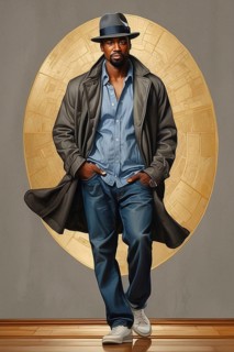 Portrait of american african 40s year old man cat walk pose wear jeans, trench coat and plain shirt