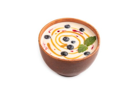 Yoghurt with bilberry and caramel in clay bowl isolated on white background. side view, close up