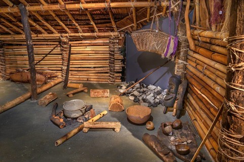 Replica of a South Sea hut, interior with fireplace, South Sea Collection, Obergünzburg, Allgäu,