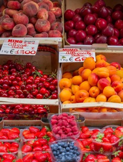 Stall with different types of fruit, Limone sul Garda, Lake Garda, Province of Brescia, Lombardy,
