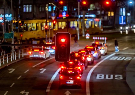 Red traffic light in the evening, traffic jam at a traffic light, city centre traffic in Bad