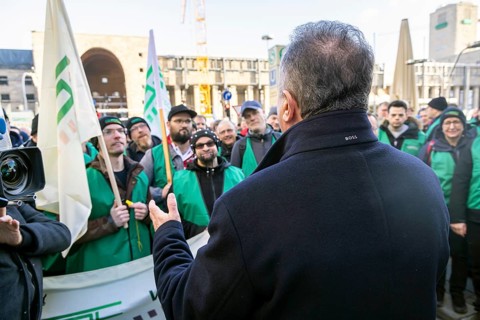 Claus Weselsky, Federal Chairman of the German Train Drivers' Union, GDL, talking to striking train