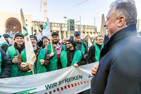 Claus Weselsky, Federal Chairman of the German Train Drivers' Union, GDL, talking to striking train