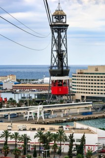 View from a red gondola, Teleferic de Montjuic cable car, Torre Jaume I, Port Vell, Barcelona,