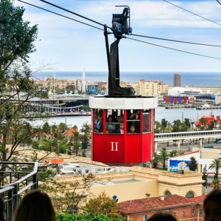 View from a red gondola, Teleferic de Montjuic cable car, Port Vell, Barcelona, Spain, Europe