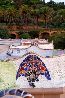 Curved bench, ceramic mosaic, Trencadis, viewing platform at sunrise, Park Güell, Barcelona,