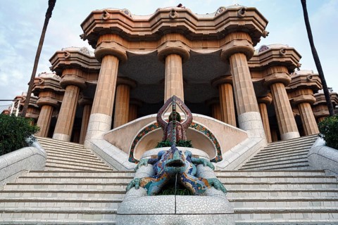 Empty dragon staircase, Staircase in Park Güell, Salamander El Drac, Mosaic, Dawn, Gracia,
