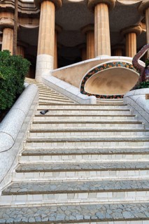 Empty dragon staircase, staircase with pigeon in Park Güell, deserted, Gracia, Barcelona, Spain,
