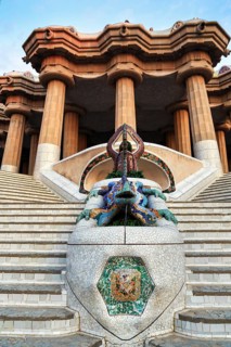 Empty dragon staircase, Staircase in Park Güell, Salamander El Drac, Mosaic, Dawn, Gracia,