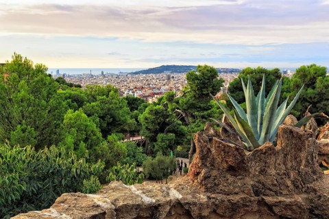 City view, dawn, Park Güell, Barcelona, Spain, Europe