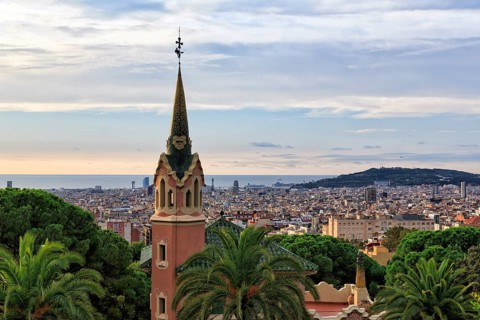 Tower with city view, Gaudi House Museum, Gaudi's house, dawn, Park Güell, Barcelona, Spain, Europe