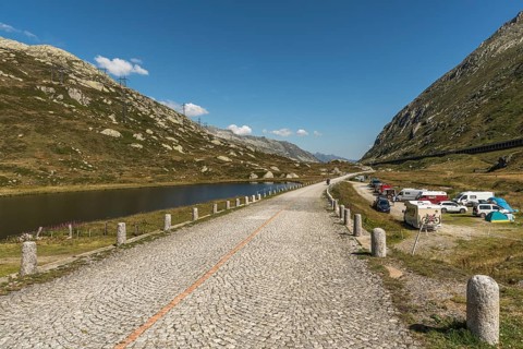 Gotthard Pass, campsite and old pass road with cobblestones, Canton Ticino, Switzerland, Europe